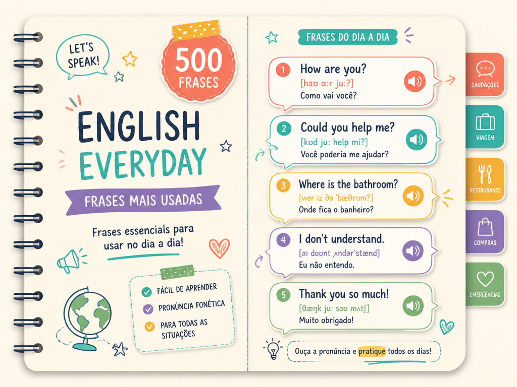 Mockup do bônus 500 frases em inglês com pronúncia
