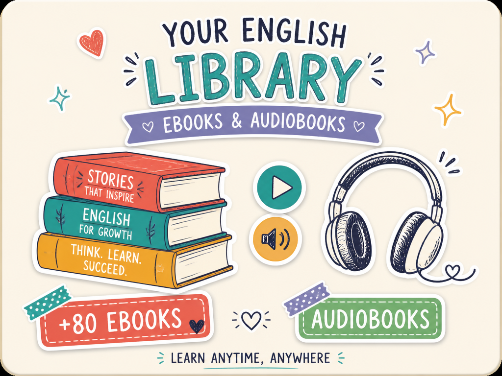 Mockup da Biblioteca Inglês Fácil com ebooks e audiobooks