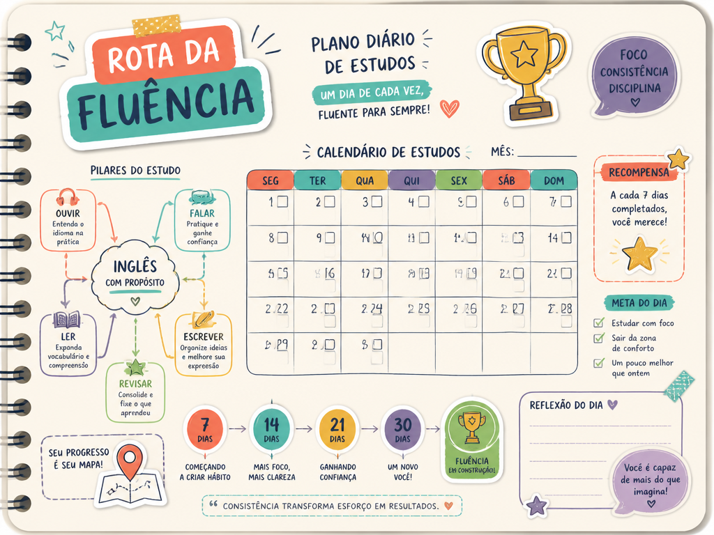 Mockup do plano diário de estudos Rota da Fluência