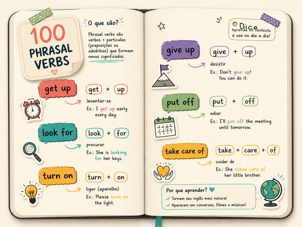 Mockup do caderno de 100 phrasal verbs essenciais