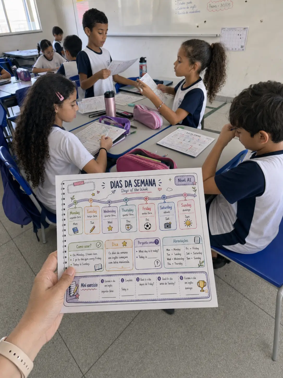 Professora mostrando o mapa mental 'Dias da Semana' em sala de aula